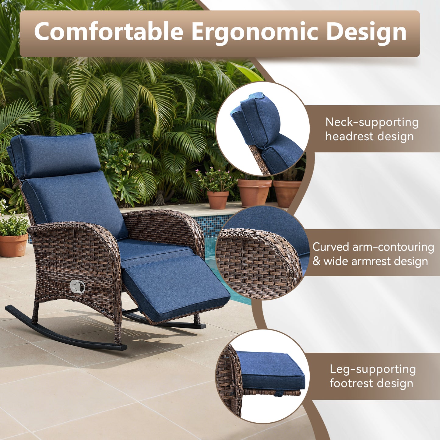 Premium 4-Piece Wicker Rocking Recliner Chair Set with Adjustable Backrest & Footrest, Cushioned PE Rattan Patio Lounge Chairs, NDS Series