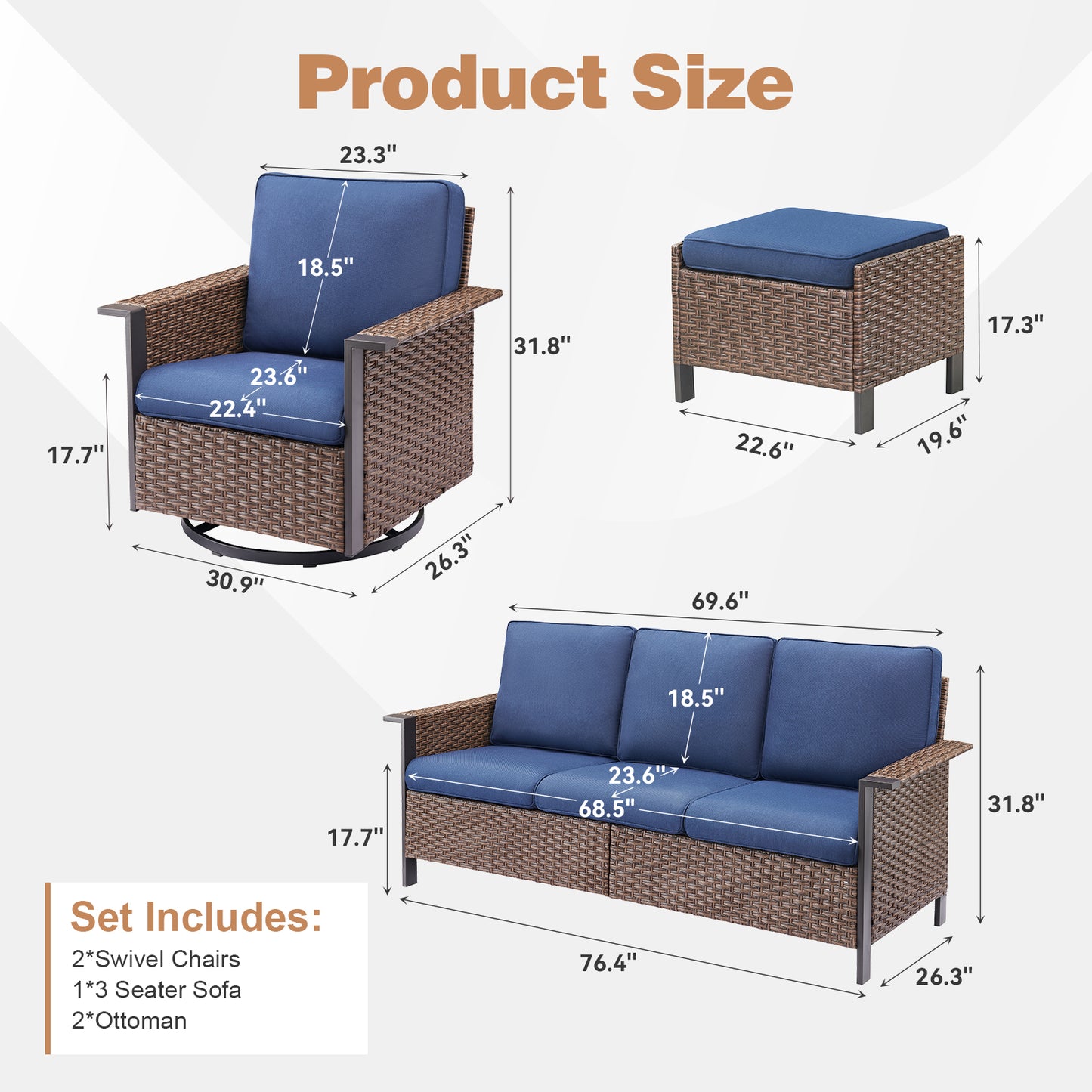 Outdoor Furniture Set for Patio & Poolside — 1 PE Wicker Sofa, 2 Swivel Glider Chairs & 2 Ottomans with Cushions, WNG Series