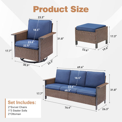 Outdoor Furniture Set for Patio & Poolside — 1 PE Wicker Sofa, 2 Swivel Glider Chairs & 2 Ottomans with Cushions, WNG Series