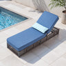 Belord 1-piece luxury rattan chaise lounge with blue cushion, brown wicker frame, 6-position recline, and 5-inch cushion for patio comfort.