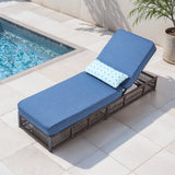 Belord 1-piece luxury rattan chaise lounge with blue cushion, brown wicker frame, 6-position recline, and 5-inch cushion for patio comfort.