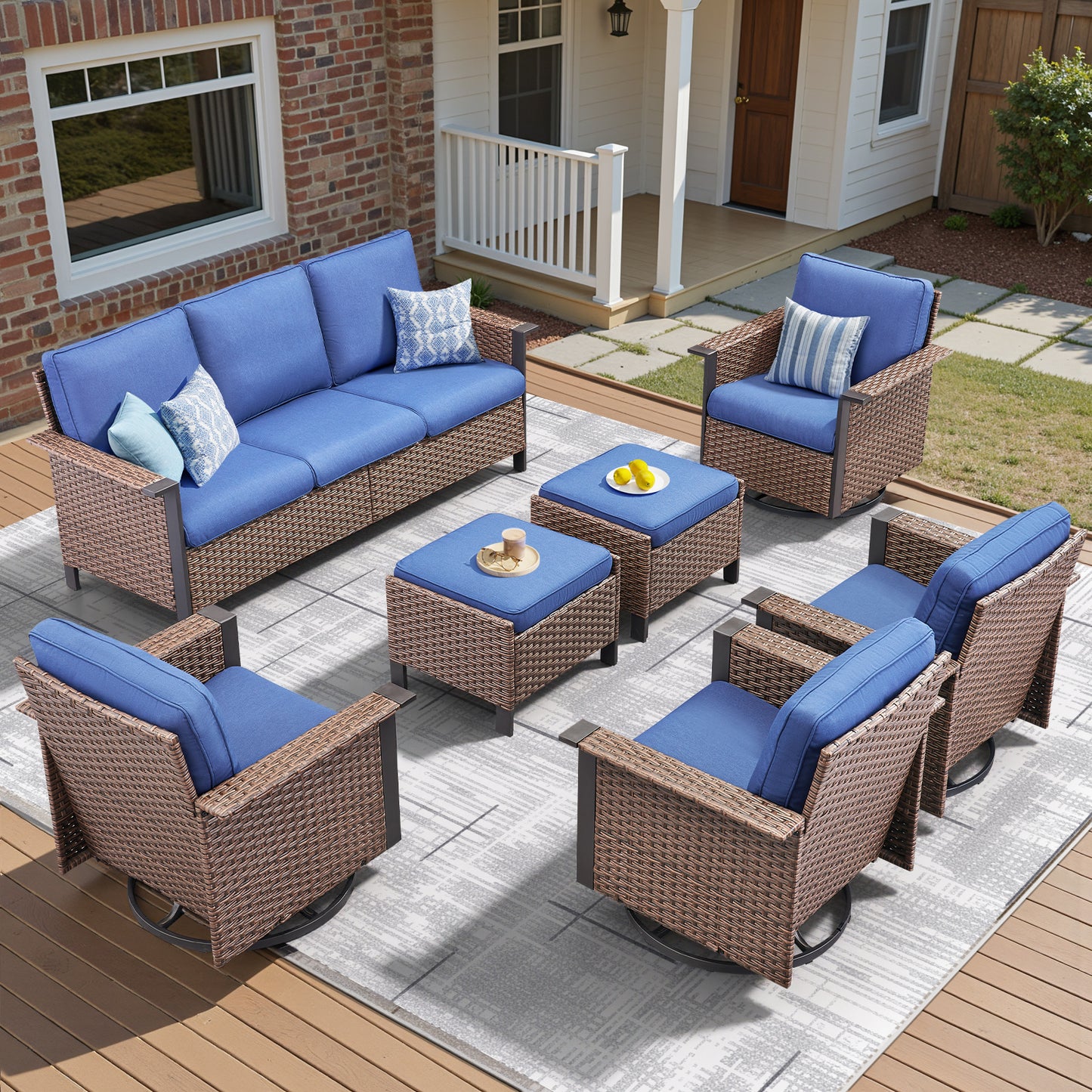 WNG Series: 7-Piece All-Weather Patio Set — 3-Seater Wicker Sofa with 7 Seating Pieces (4 Chairs & 2 Ottomans), WNG Series