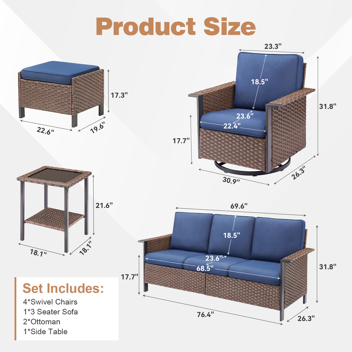 8-Piece Wicker Patio Set: All-Weather 3-Seater Sofa with 4 Swivel Rocker Chairs & 2 Ottomans & Rattan Side Table, WNG Series