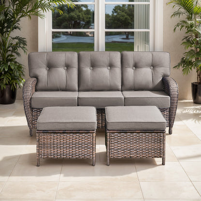 T Series 3-Piece Patio Set: 1 T-Back Sofa + 2 Ottomans – All-Weather PE Wicker with 5" Thick Cushions
