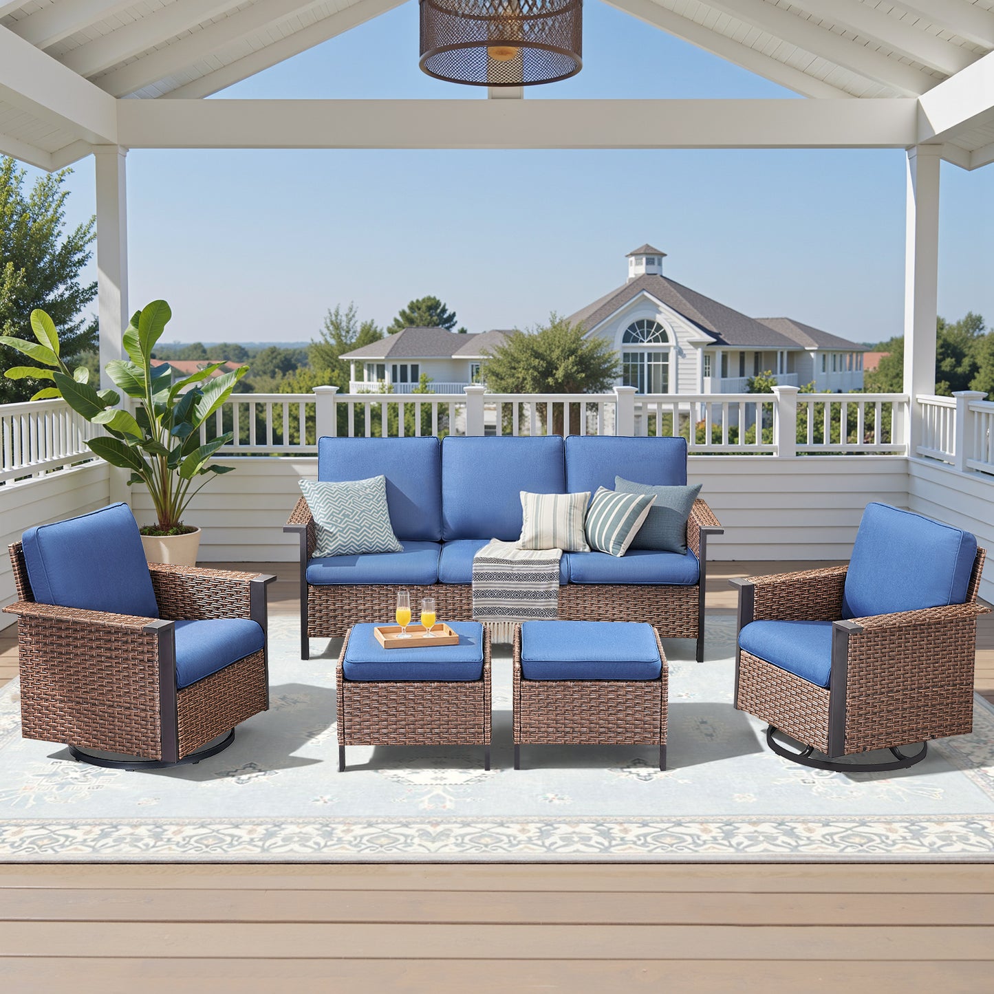 Outdoor Furniture Set for Patio & Poolside — 1 PE Wicker Sofa, 2 Swivel Glider Chairs & 2 Ottomans with Cushions, WNG Series