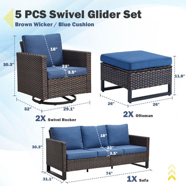 Patio Conversation Set 5-Piece with Sofa, Swivel Glider Chairs, and Ottoman, GRS Series - Belord