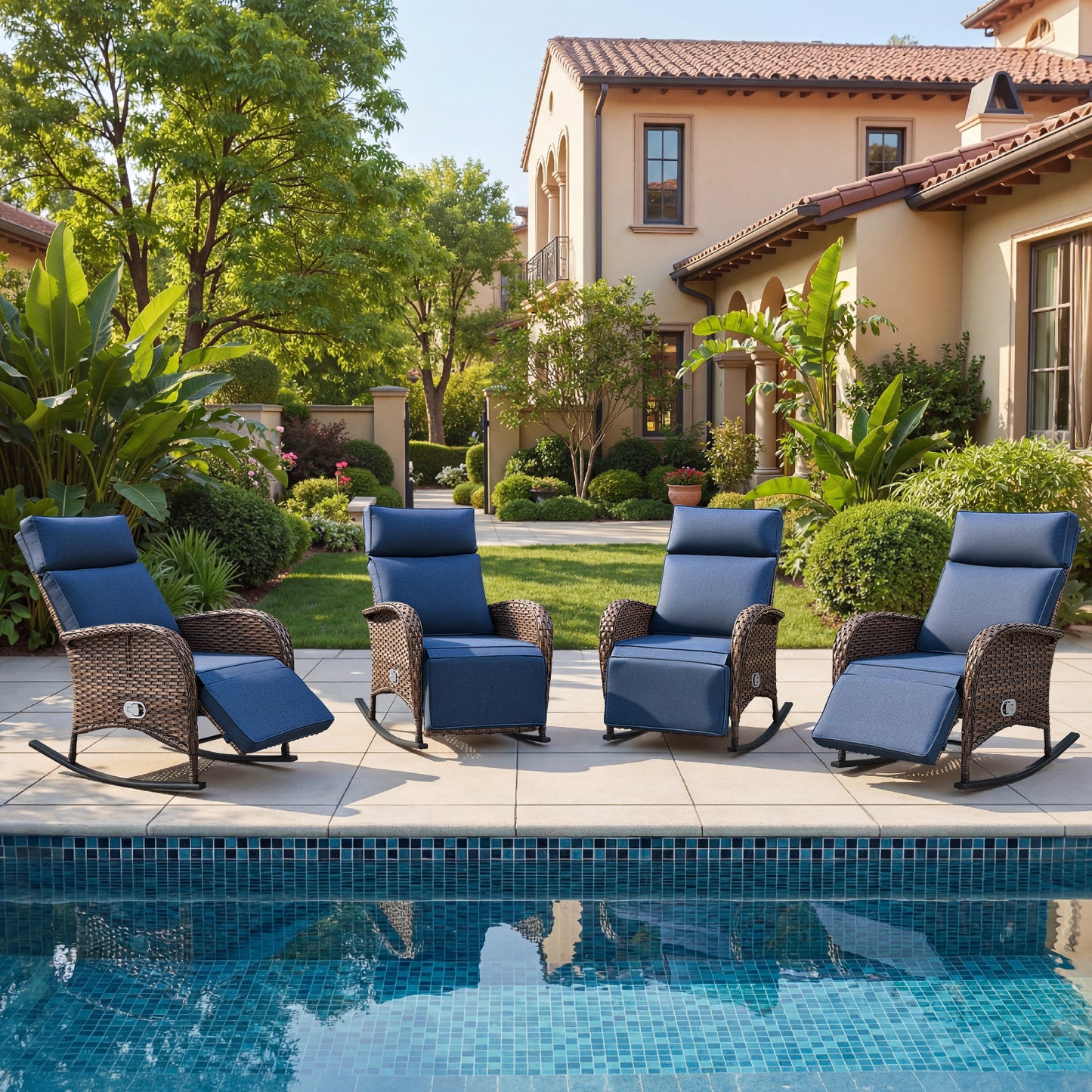 Premium 4-Piece Wicker Rocking Recliner Chair Set with Adjustable Backrest & Footrest, Cushioned PE Rattan Patio Lounge Chairs, NDS Series