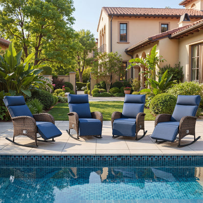 Premium 4-Piece Wicker Rocking Recliner Chair Set with Adjustable Backrest & Footrest, Cushioned PE Rattan Patio Lounge Chairs, NDS Series