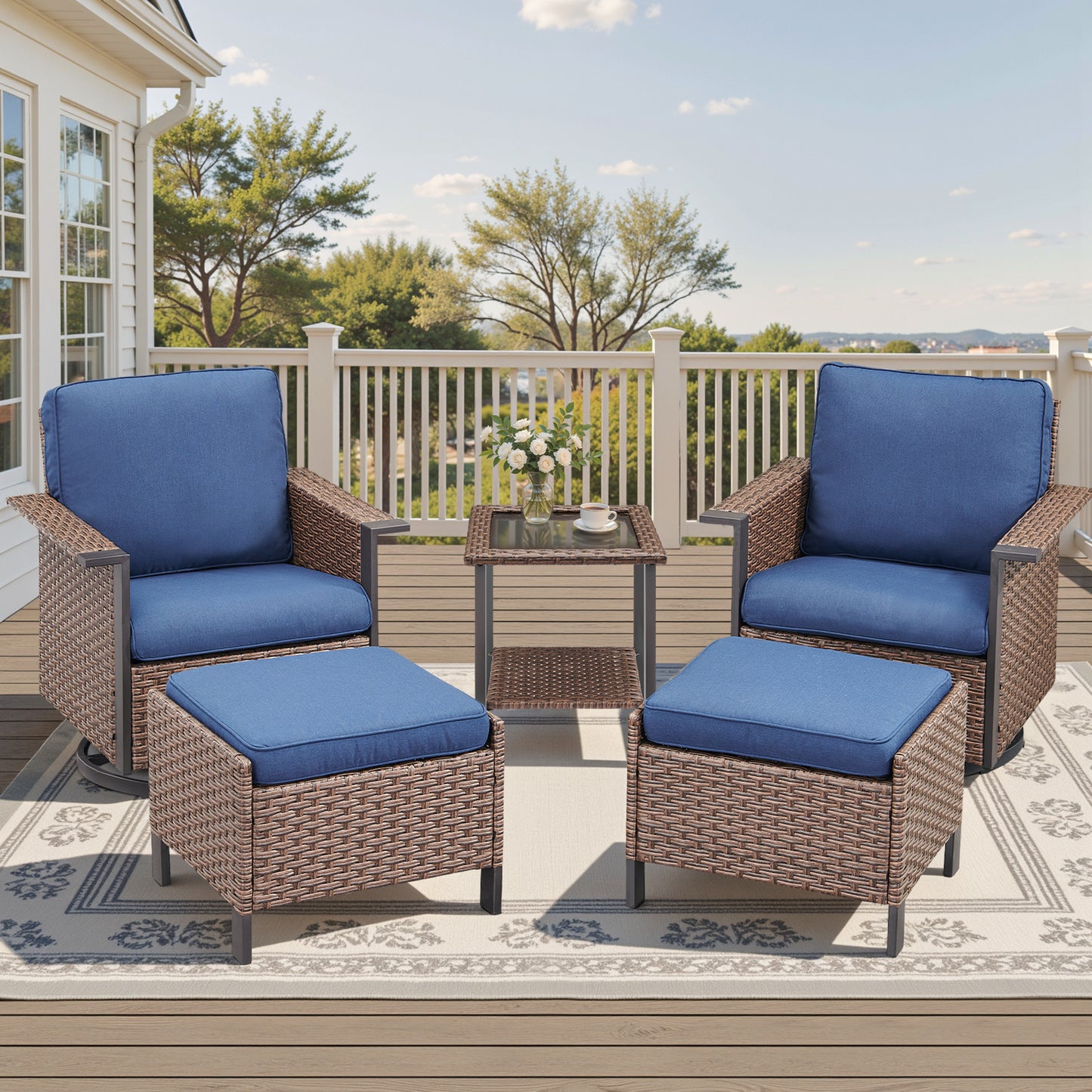 5-Piece Outdoor Swivel Glider Set — High-Back Wicker Chairs, 2 Ottomans & Glass Table, WNG Series