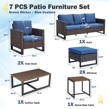 Patio Conversation Set 7-Piece with Sofa, Patio Chairs, Coffee Table, Side Table, and Ottoman, GRS Series - Belord