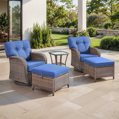 5-Piece Outdoor Patio Set: 2 Swivel Rocker Chairs + Side Table + 2 Ottomans – 5" Thick T-Back Cushions, All-Weather PE Wicker, T Series