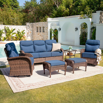 Premium 6-Piece Patio Lounge Set – Sofa, Swivel Rockers & Ottomans with Deep Cushions for Deck Relaxation, ND Series - Belord