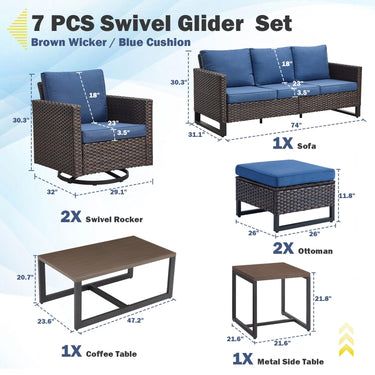 Patio Conversation Set 7-Piece with Sofa, Swivel Glider Chairs, Coffee Table, Side Table, and Ottoman, GRS Series - Belord
