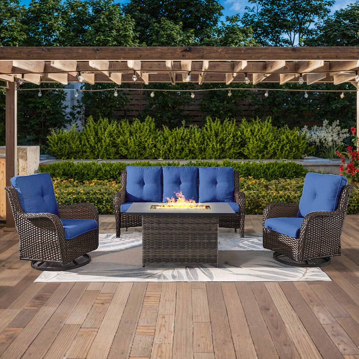 Height-Adjustable Fire Pit Table Set with Swivel Glider Chairs and Sofa, NTC Series