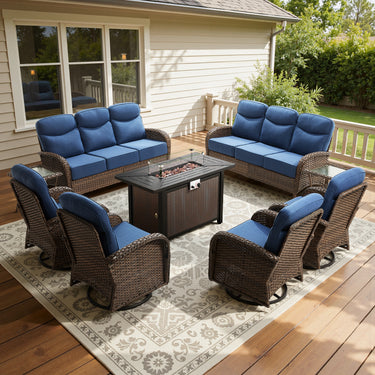 Spacious 9-Piece Patio Conversation Set with Metal Fire Pit Table – All-Weather Wicker Seating for Outdoor Gatherings, ND Series - Belord