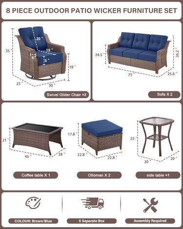 8-Piece Luxury Outdoor Wicker Set - 2 High Back Swivel Glider Chairs + 2 Rattan Sofa, Coffee Table & Ottoman, Ovolo Series - Belord