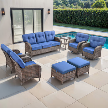 Belord 8-piece outdoor patio sofa set with brown wicker, blue cushions, swivel chairs, side table, and footstools for outdoor lounging.
