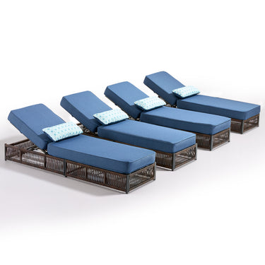 Brown all-weather rattan patio lounge set with four adjustable chaise lounges and blue cushions, ideal for outdoor relaxation.