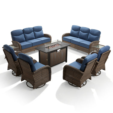 Spacious 9-Piece Patio Conversation Set with Metal Fire Pit Table – All-Weather Wicker Seating for Outdoor Gatherings, ND Series - Belord