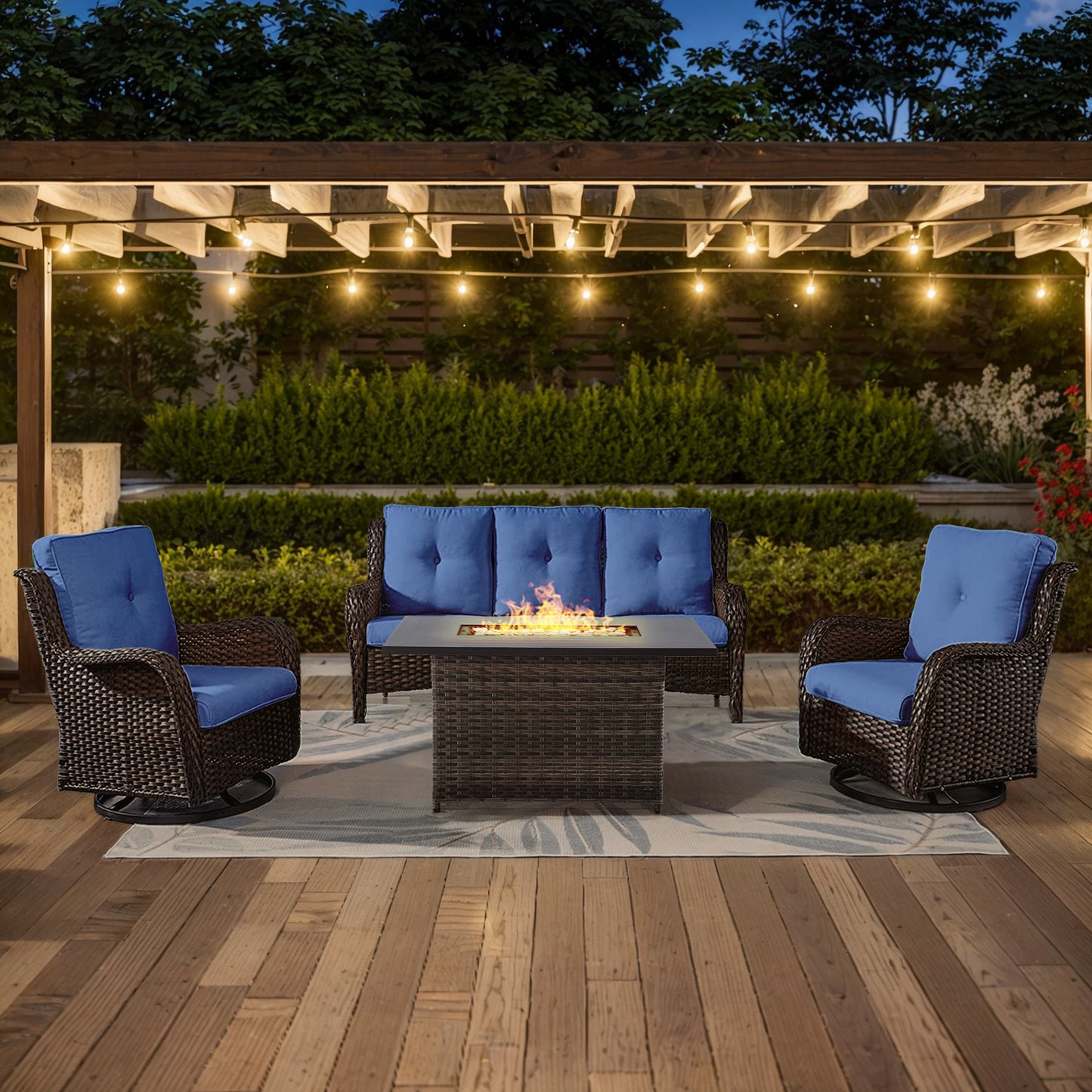 Height-Adjustable Fire Pit Table Set with Swivel Glider Chairs and Sofa, NTC Series