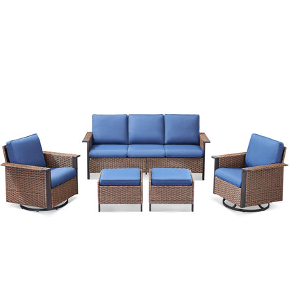Outdoor Furniture Set for Patio & Poolside — 1 PE Wicker Sofa, 2 Swivel Glider Chairs & 2 Ottomans with Cushions, WNG Series