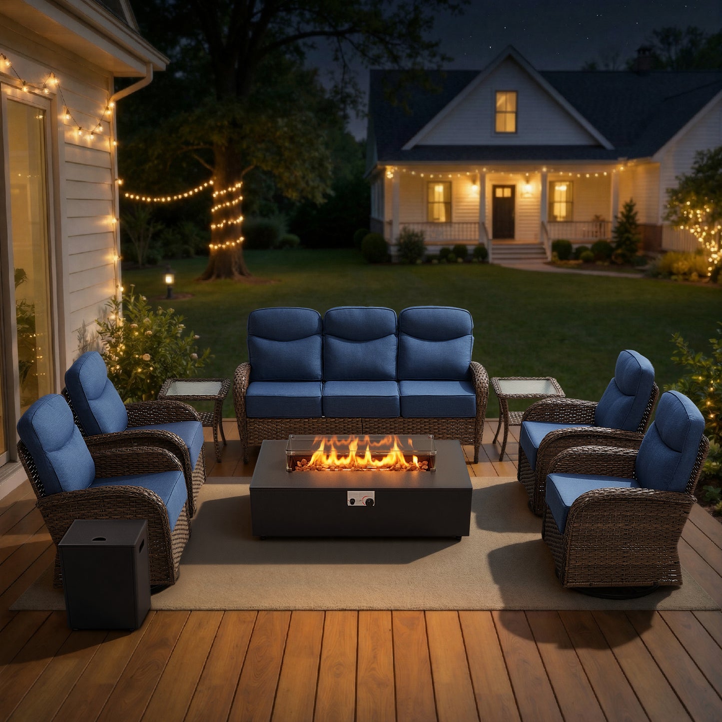 Spacious 8-Piece Patio Furniture Set with Split Fire Pit Table – High-Back Swivel Seating for Backyard Hosting, ND Series - Belord