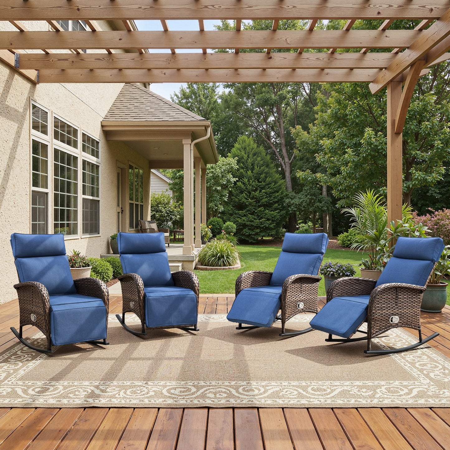 Premium 4-Piece Wicker Rocking Recliner Chair Set with Adjustable Backrest & Footrest, Cushioned PE Rattan Patio Lounge Chairs, NDS Series