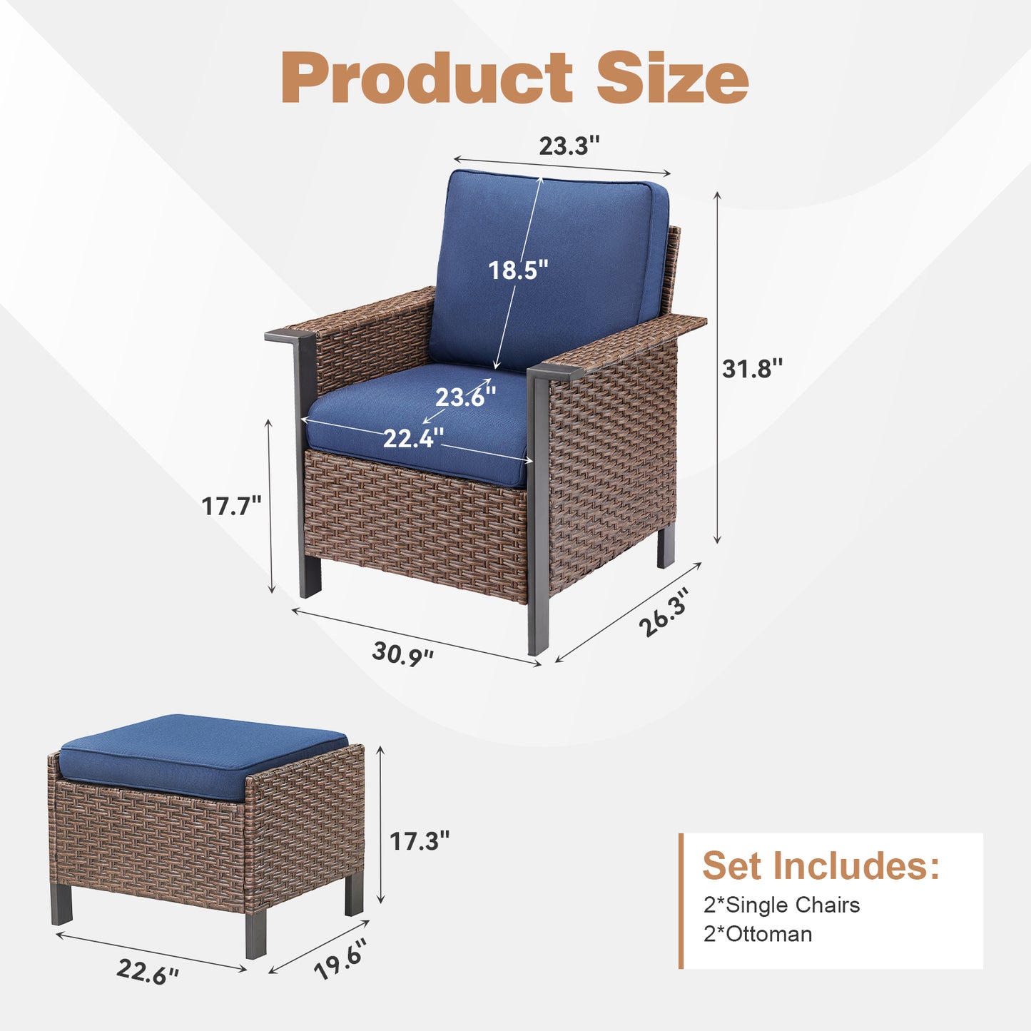 4-Piece Outdoor Patio Set: 2 Patio Chairs with Ottomans, WNG Series