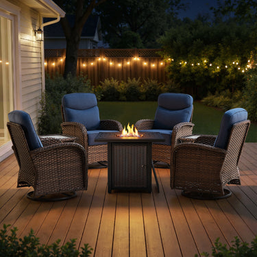 Luxury 7-Piece Outdoor Swivel Chair Set with Square Metal Fire Pit Table – Heavy-Duty Comfort for Deck Living, ND Series - Belord
