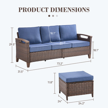 BBR Series 3-Piece Patio Set: 1 Sofa + 2 Ottomans - PE Wicker with Thick Cushions - Belord