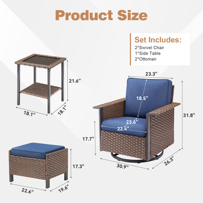 5-Piece Outdoor Swivel Glider Set — High-Back Wicker Chairs, 2 Ottomans & Glass Table, WNG Series
