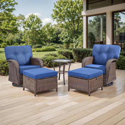 5-Piece Outdoor Patio Set: 2 Swivel Rocker Chairs + Side Table + 2 Ottomans – 5" Thick T-Back Cushions, All-Weather PE Wicker, T Series