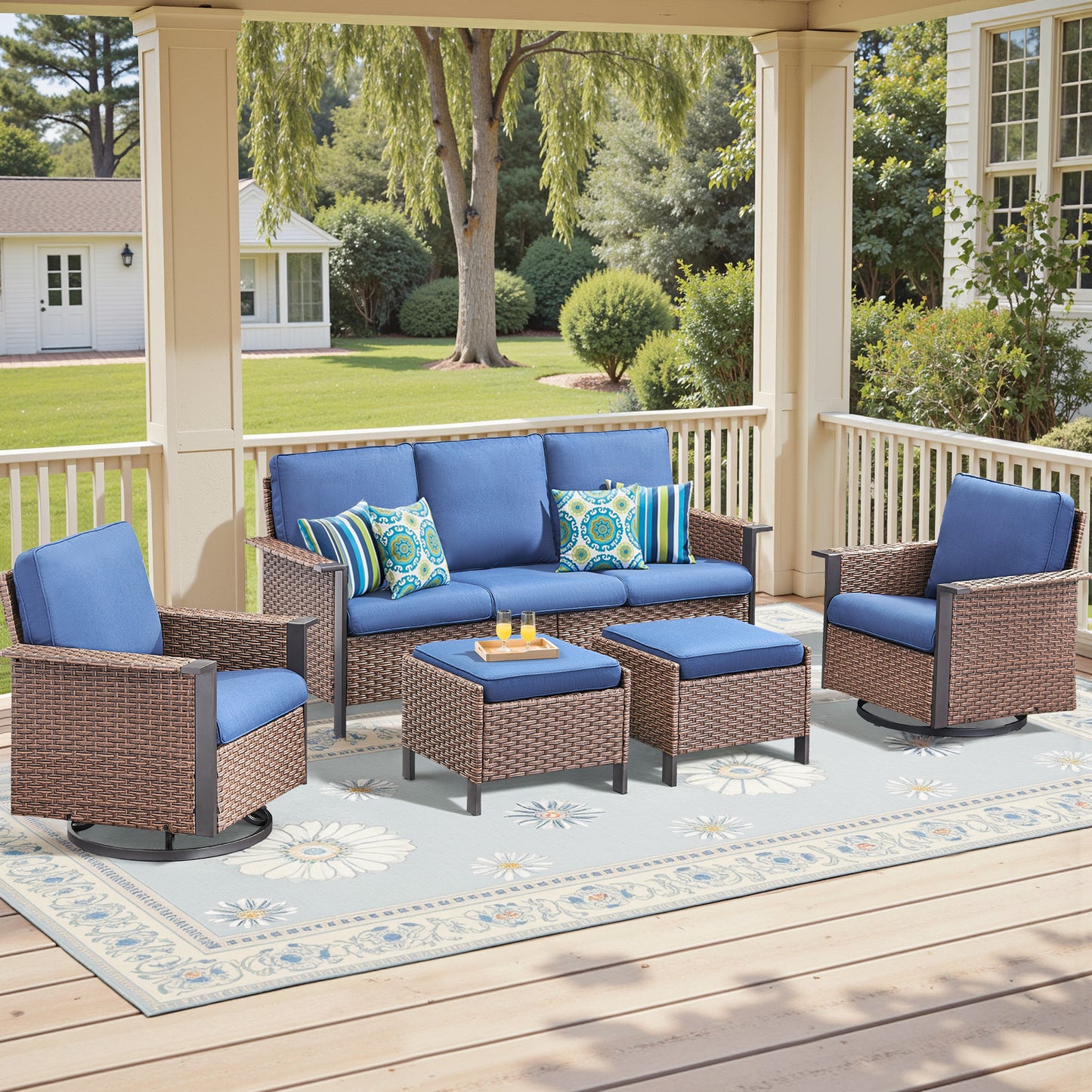 Outdoor Furniture Set for Patio & Poolside — 1 PE Wicker Sofa, 2 Swivel Glider Chairs & 2 Ottomans with Cushions, WNG Series