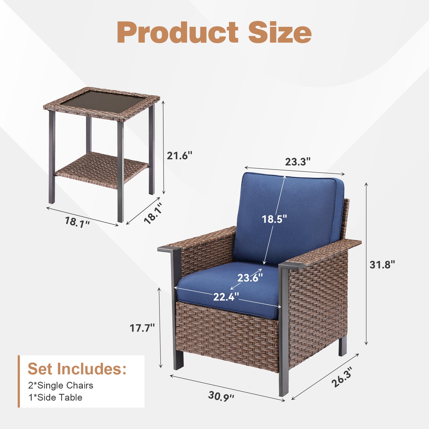 3-Piece Set: Patio Wicker Chairs with Side Table, WNG Series