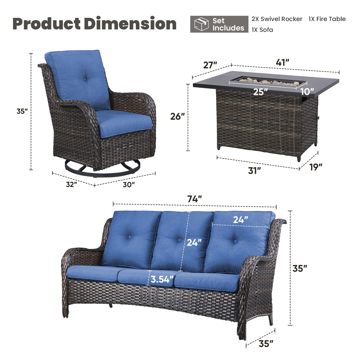Height-Adjustable Fire Pit Table Set with Swivel Glider Chairs and Sofa, NTC Series