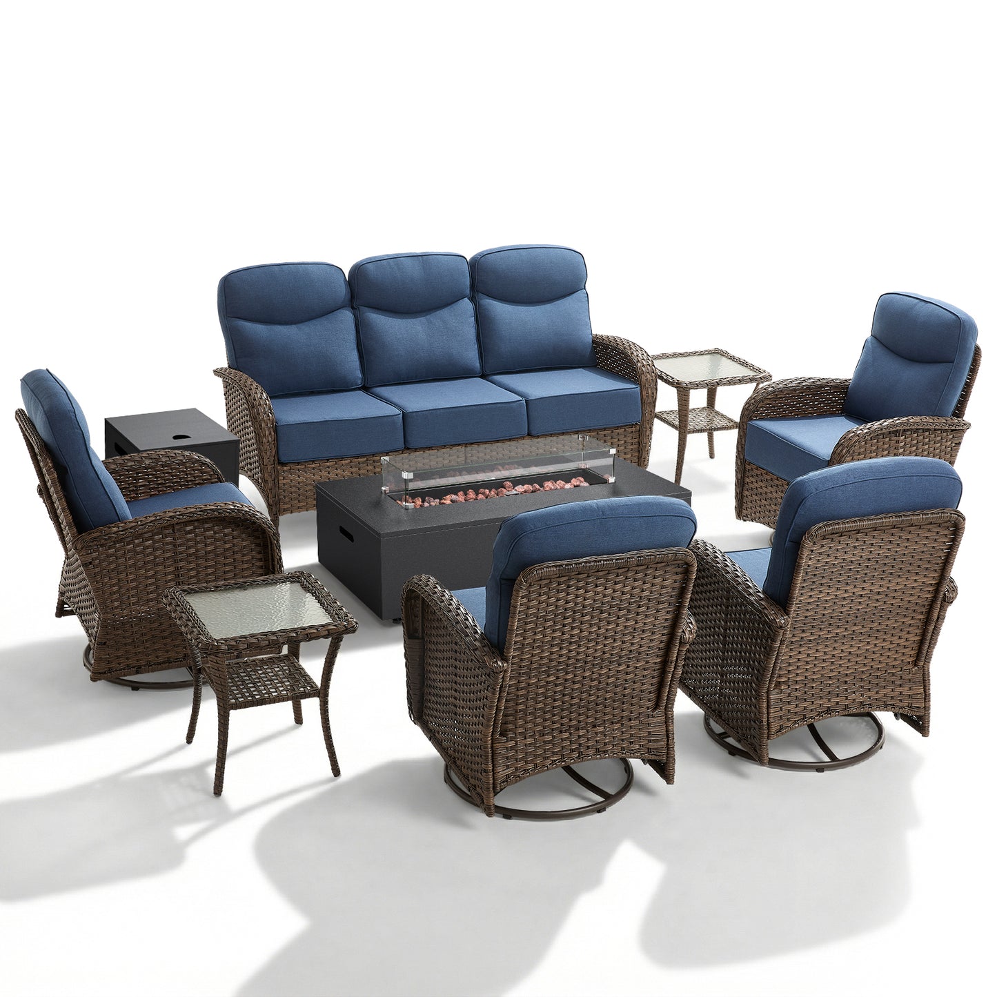 Spacious 8-Piece Patio Furniture Set with Split Fire Pit Table – High-Back Swivel Seating for Backyard Hosting, ND Series - Belord