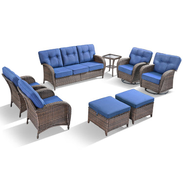 Belord 8-piece outdoor sofa set with brown PE wicker, blue cushions, includes sofa, rocking chairs, patio chairs, side table, and footstools.