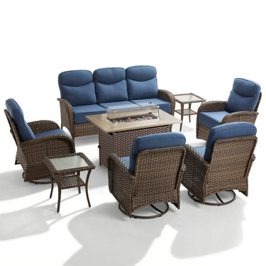Luxury 8-Piece Rattan Patio Set with Wicker Fire Pit Table – Deep Cushion Comfort for Garden Evenings, ND Series - Belord