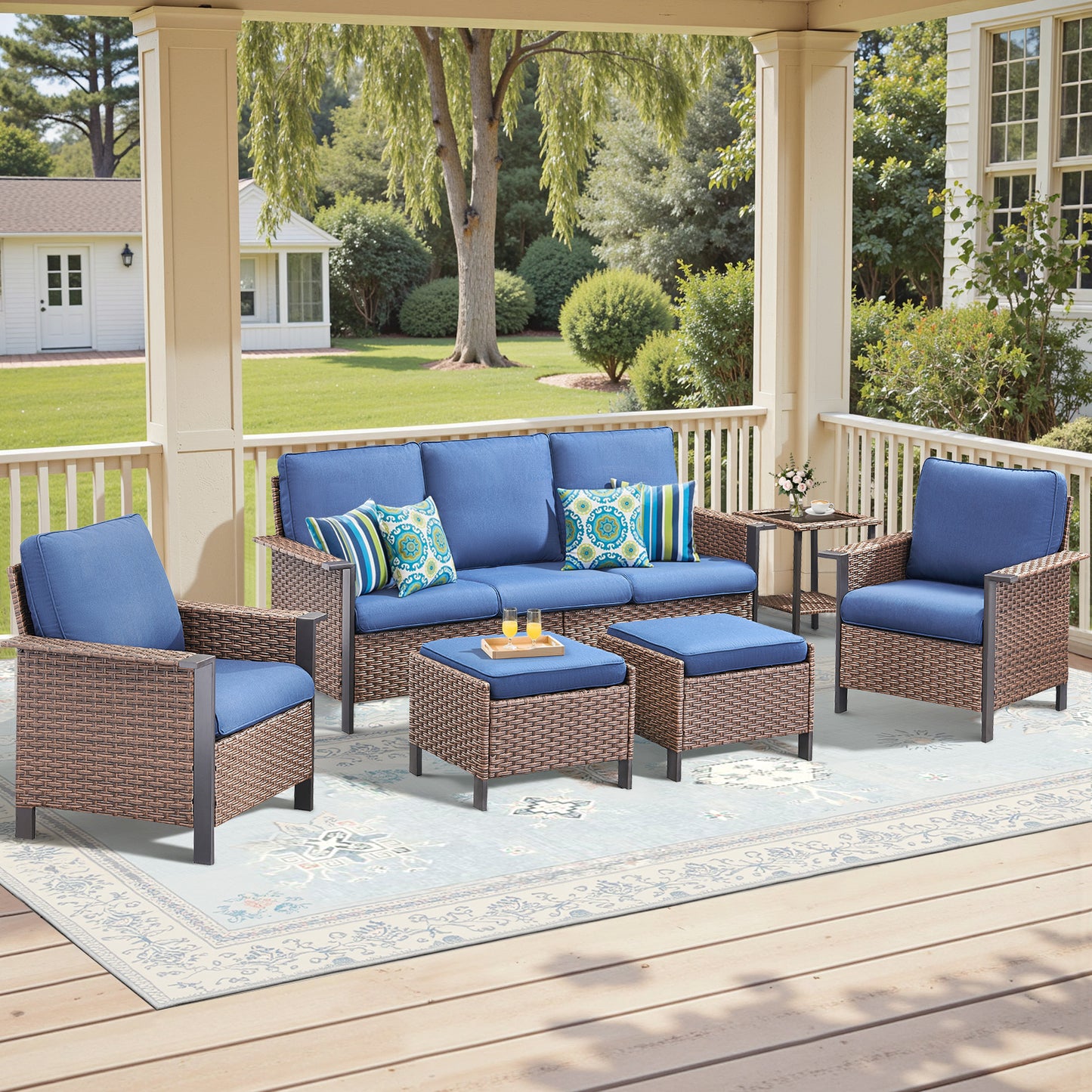 Patio Conversation Patio Set (6-Piece) — All-Weather Rattan Furniture with 3-Seater Sofa & Patio Chairs, WNG Series