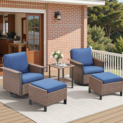 5-Piece Outdoor Swivel Glider Set — High-Back Wicker Chairs, 2 Ottomans & Glass Table, WNG Series