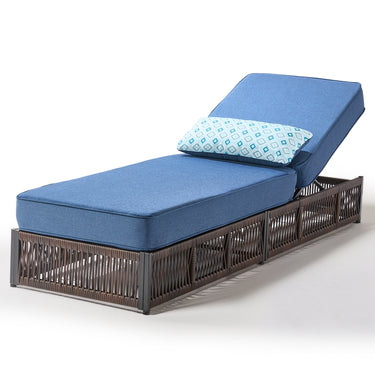 Belord 1-piece luxury rattan chaise lounge with blue cushion, brown wicker frame, 6-position recline, outdoor patio furniture cushion
