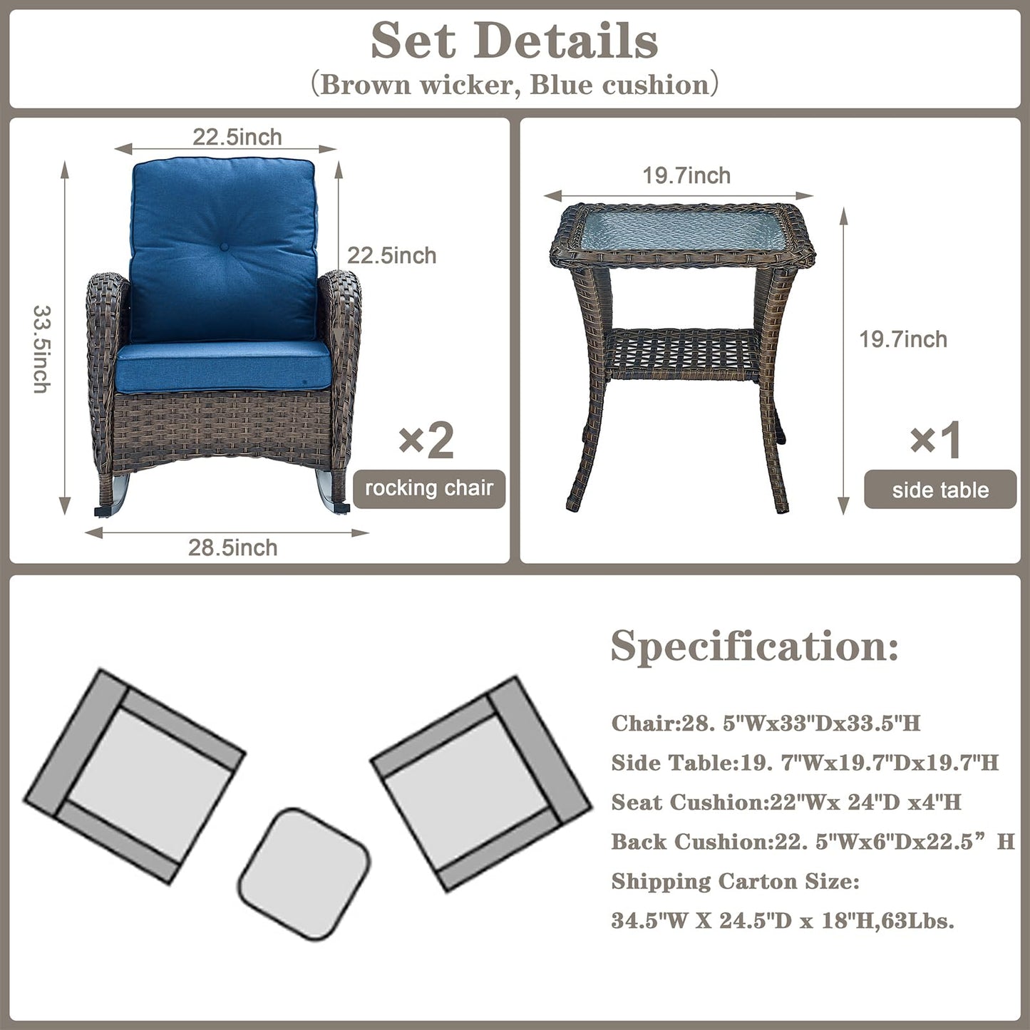 Save 60% - Wicker Rocking Chairs Set with Side Table, NDS Series