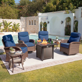 Luxury 7-Piece Outdoor Swivel Chair Set with Square Metal Fire Pit Table – Heavy-Duty Comfort for Deck Living, ND Series - Belord