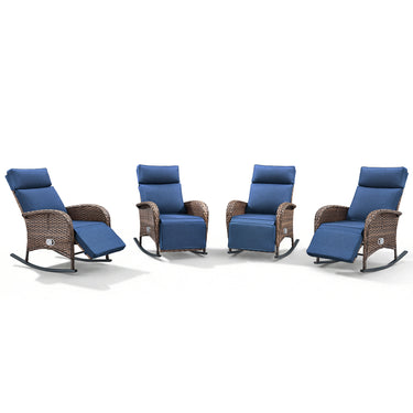 Premium 4-Piece Wicker Rocking Recliner Chair Set with Adjustable Backrest & Footrest, Cushioned PE Rattan Patio Lounge Chairs, NDS Series - Belord
