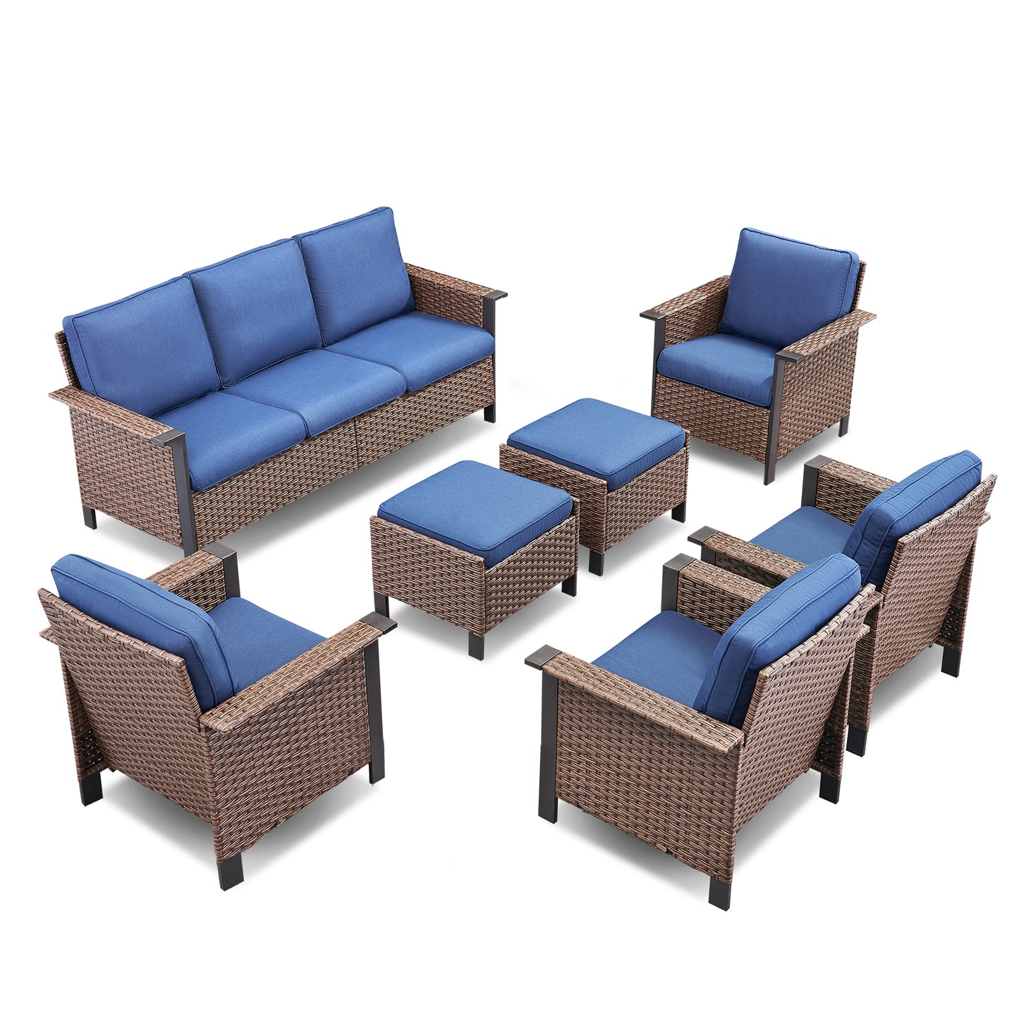7-Piece Patio Set: All-Weather Wicker 3-Seater Sofa with 4 Patio Chairs & 2 Ottomans, WNG Series