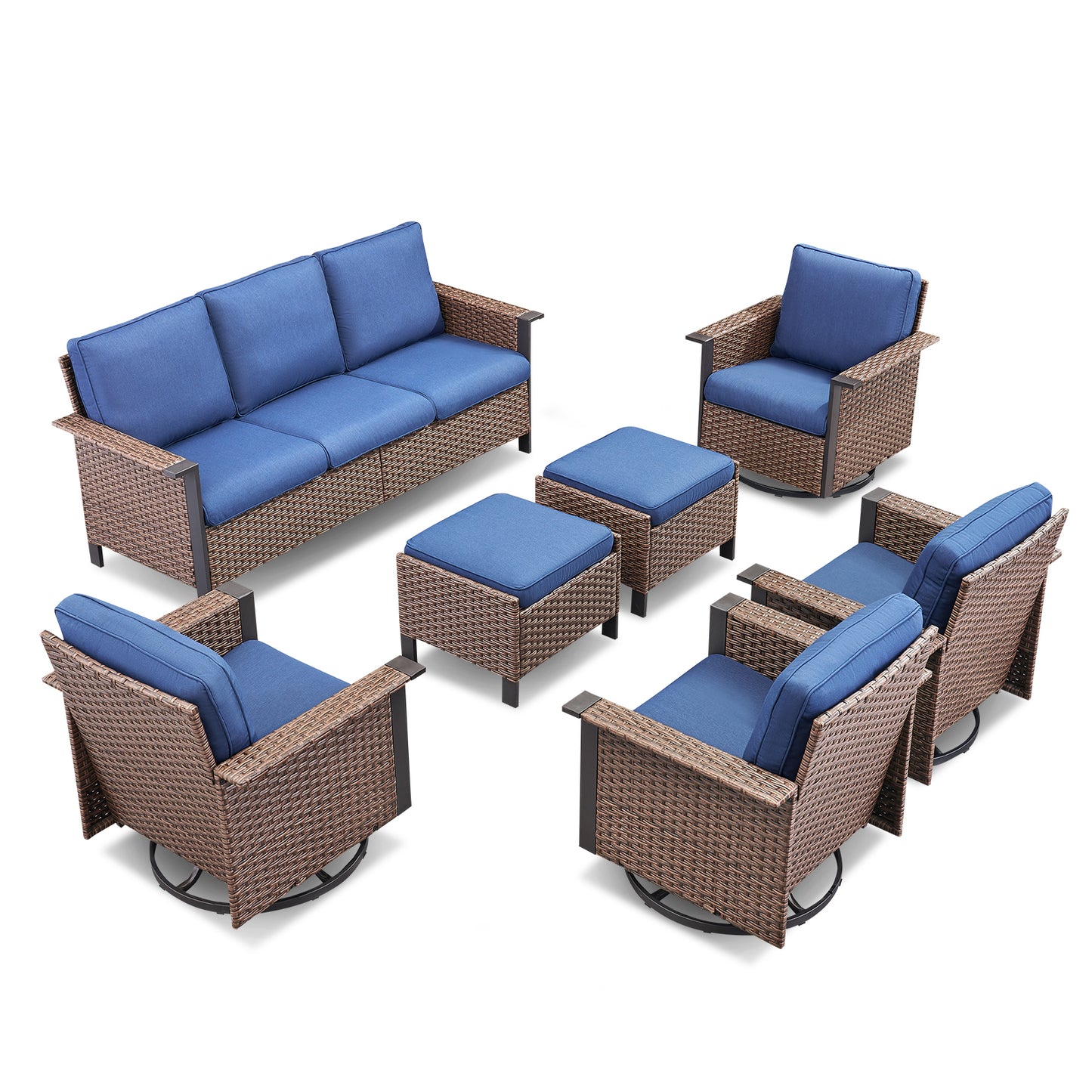 WNG Series: 7-Piece All-Weather Patio Set — 3-Seater Wicker Sofa with 7 Seating Pieces (4 Chairs & 2 Ottomans), WNG Series
