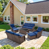 8-Piece Luxury Outdoor Wicker Set - 2 High Back Swivel Glider Chairs + 2 Rattan Sofa, Coffee Table & Ottoman, Ovolo Series - Belord