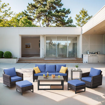 Patio Conversation Set 7-Piece with Sofa, Swivel Glider Chairs, Coffee Table, Side Table, and Ottoman, GRS Series - Belord