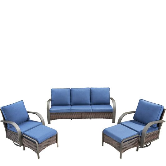 Patio Conversation Set 5-Piece with 1 Sofa, 2 Swivel Glider Chairs, 2 Ottoman, HW Series