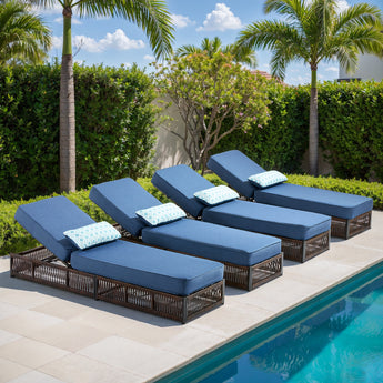 Belord 4-piece outdoor lounge set with brown rattan and blue cushions, including four adjustable chaise lounges for patio relaxation.